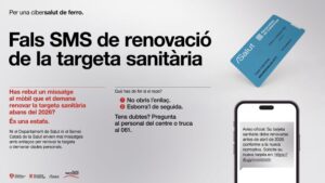 Campanya contra estafes SMS sobre renovació targeta sanitària, amb targeta CatSalut i mòbil mostrant missatge fals