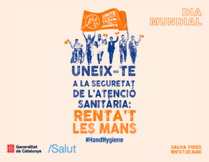 Cartell del Dia Mundial de la Higiene de Mans amb persones celebrant i el lema Renta't les mans de la Generalitat