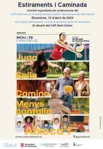 Cartell promocional Estiraments i Caminada per al Dia Mundial de l'Activitat Física amb imatges de voleibol, ball i família