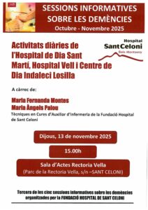 Cartell de sessions informatives sobre demències a l'Hospital de Sant Celoni, 13 novembre 2025 a les 15h