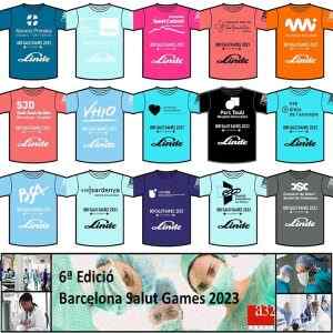 Samarretes dels equips participants als Jocs Barcelona Salut Games 2023, 6a edició, amb logotips dels hospitals i centres.