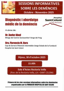 Cartell informatiu sobre sessió de demència a l'Hospital Sant Celoni, 30 octubre 2025, amb doctors Xavier Abad i Florencia Hara