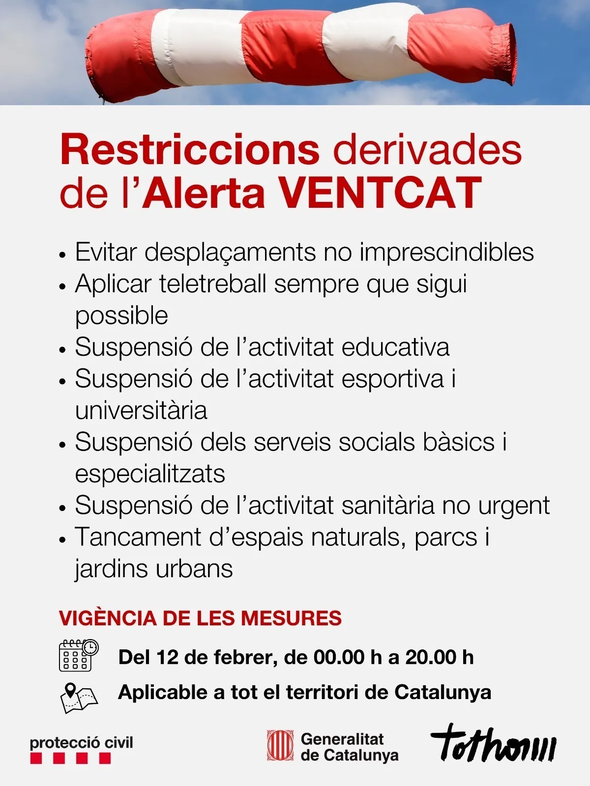 Restriccions per alerta VENTCAT del 12 febrer a Catalunya: suspensió activitats educatives i esportives